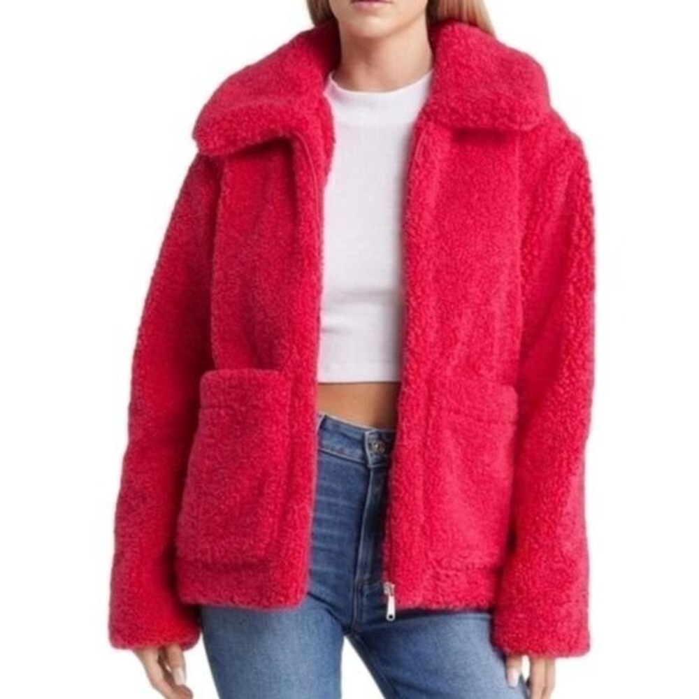 Sam Edelman Hot Pink Teddy Bear Fleece Jacket Cozy Zipper Pocket Collar Coat L